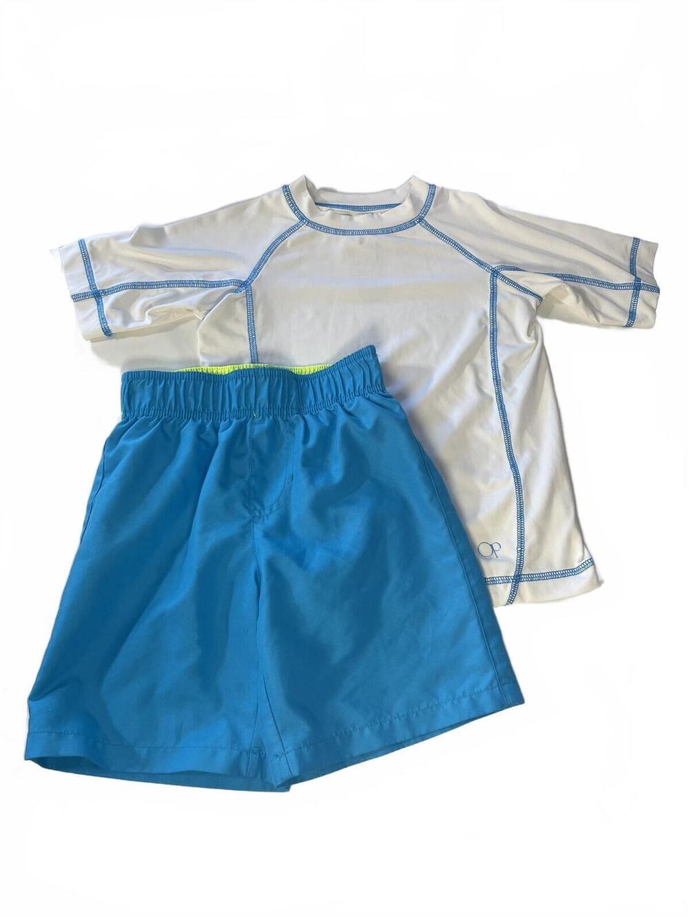 OP Boys Swim Set Rash Guard Shirt and Swim Trunks Size XS 4-5 Blue and White